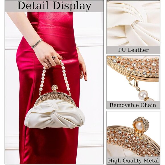 ⚡ Women's Cream Leather Dumpling Pearl Chain Evening Crossbody Clutch Bag - Picture 5 of 6